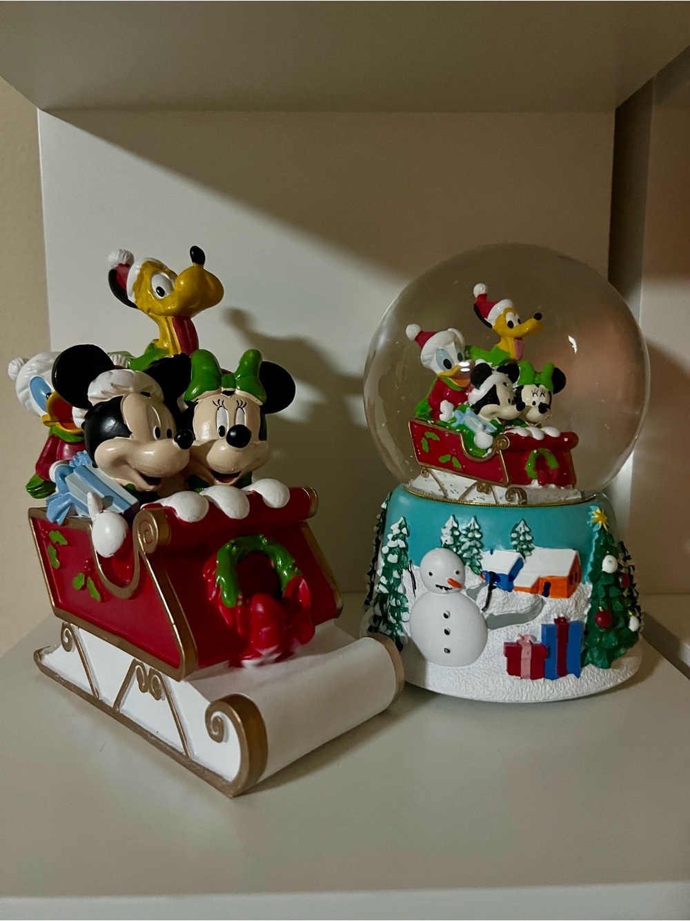 2 Large Disney Mickey & Friends Red Sleigh Holiday Snow Globe and Figurine Set